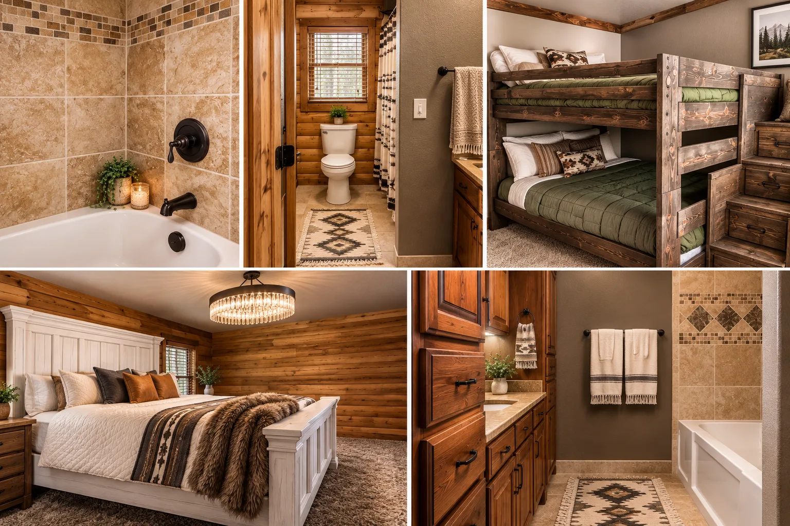 Bedrooms with bunk beds and bathrooms