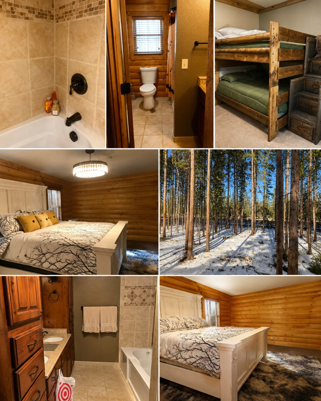Bedrooms, bath and snowy forest view