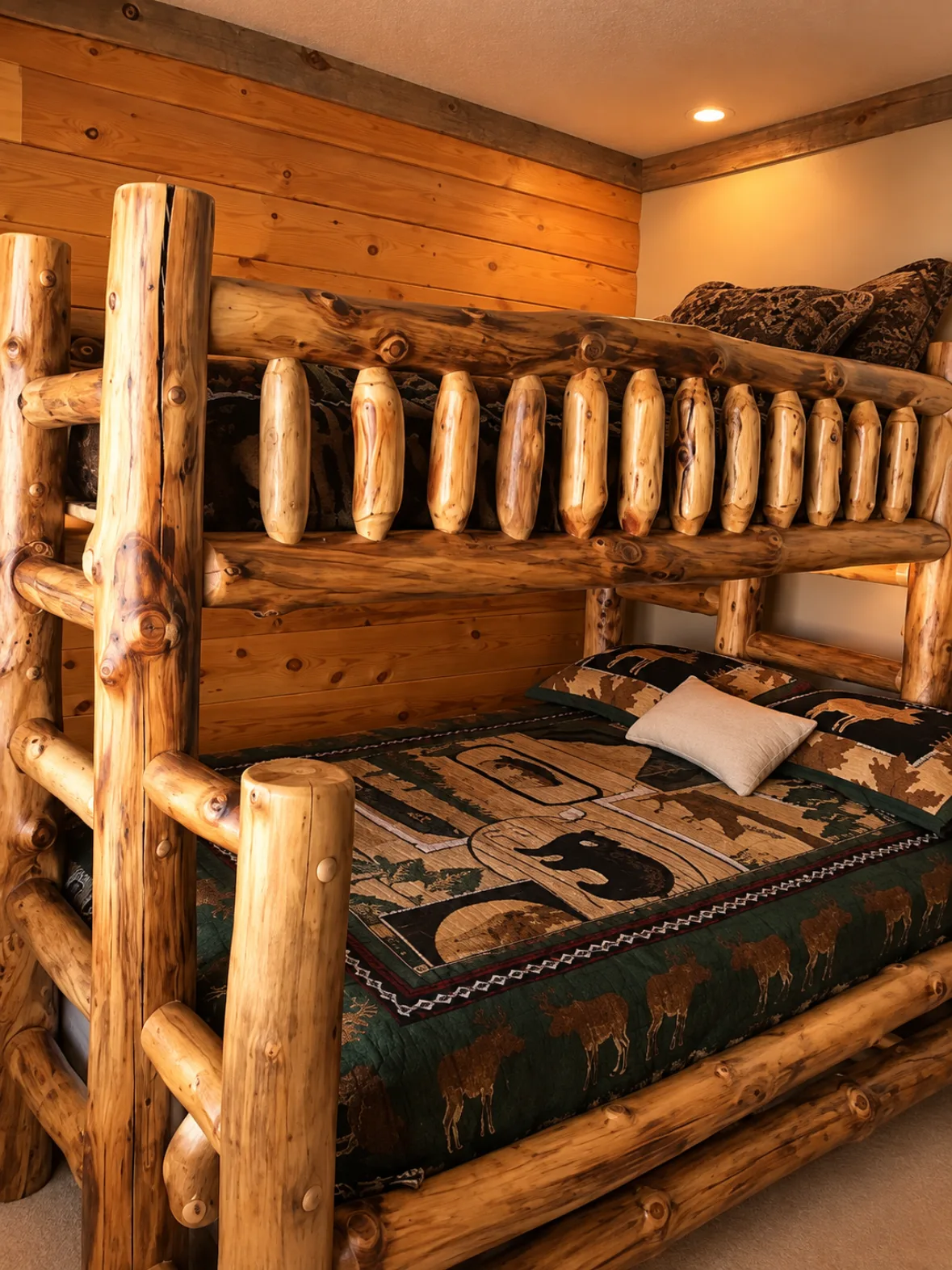 Handcrafted twin-over-full log bunk bed with rustic bear and moose bedding