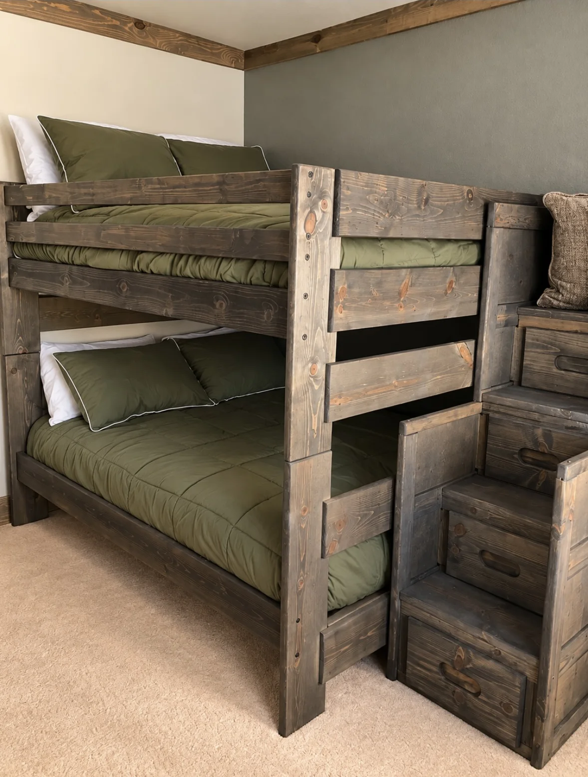 Second bunk room with a rustic wood bunk bed and built-in stair drawers