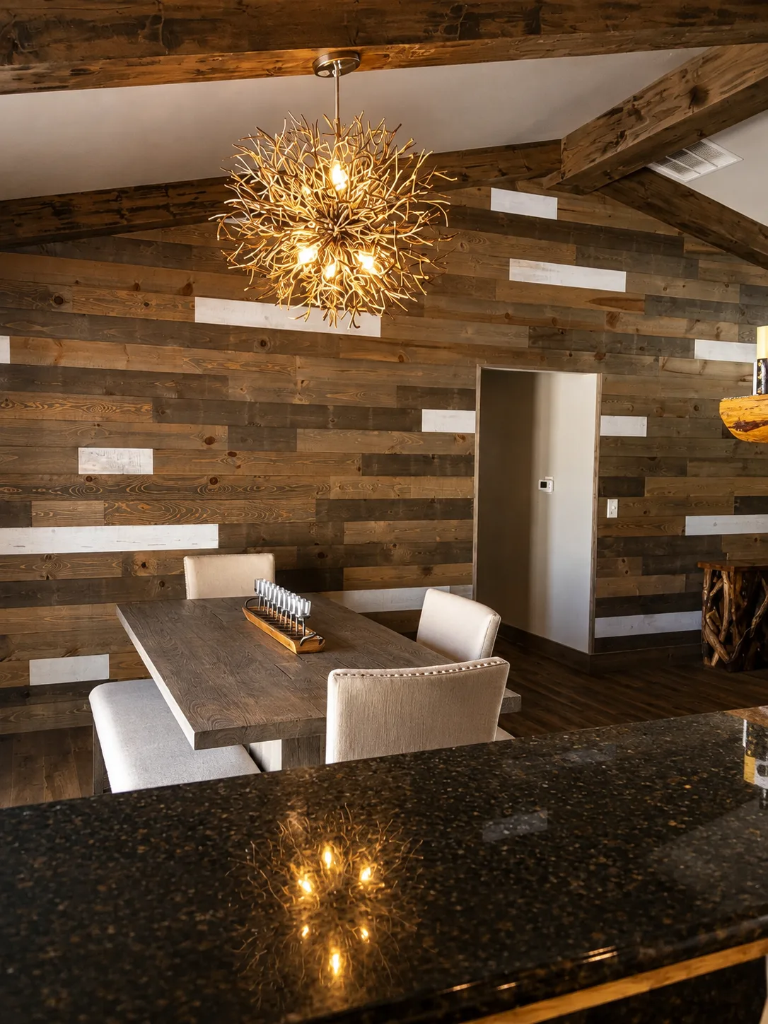 Dining area with vaulted beamed ceiling
