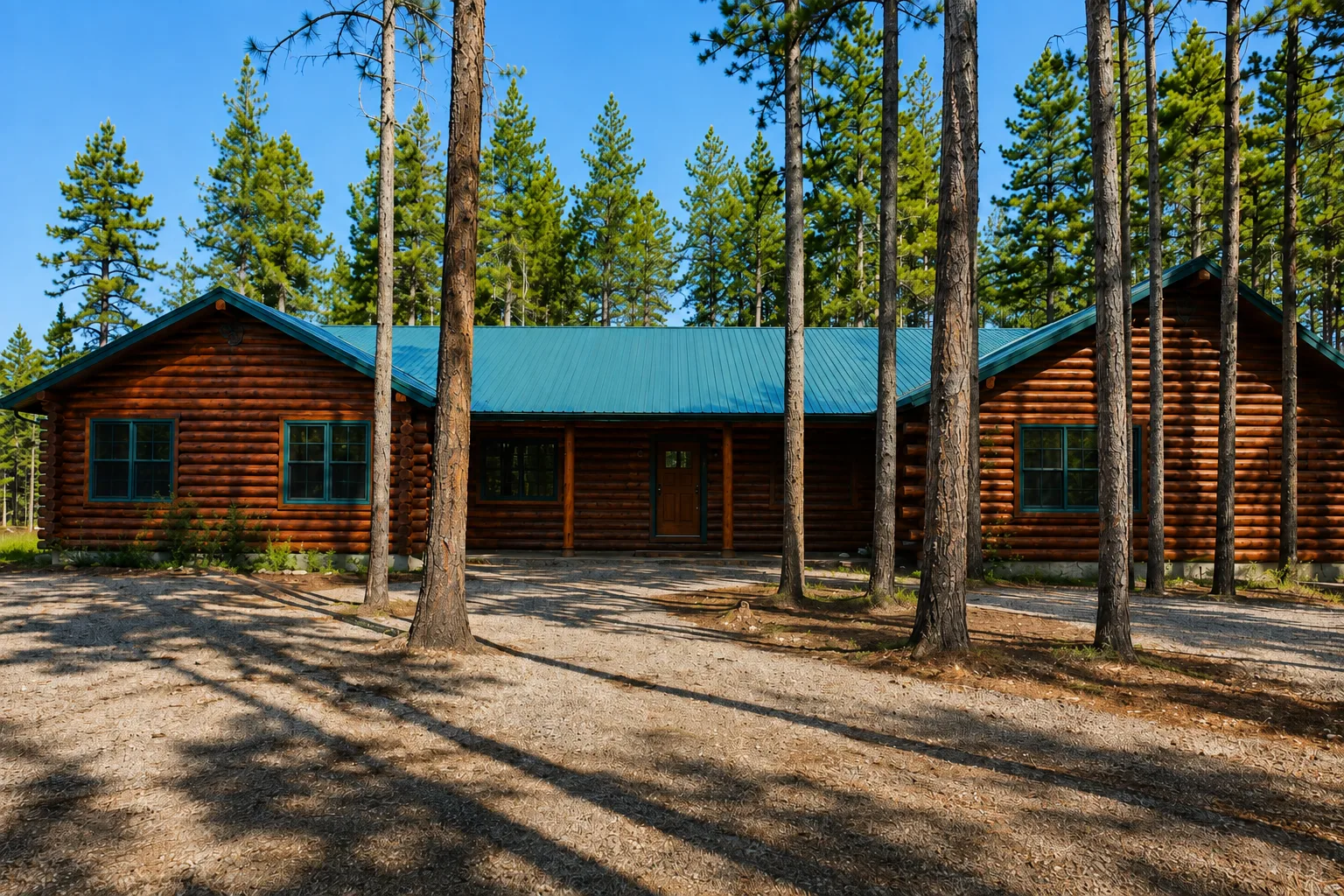 Fox Park log cabin with a teal roof surrounded by lodgepole pines