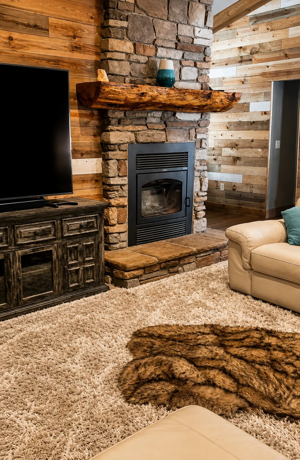 Stacked stone fireplace wall