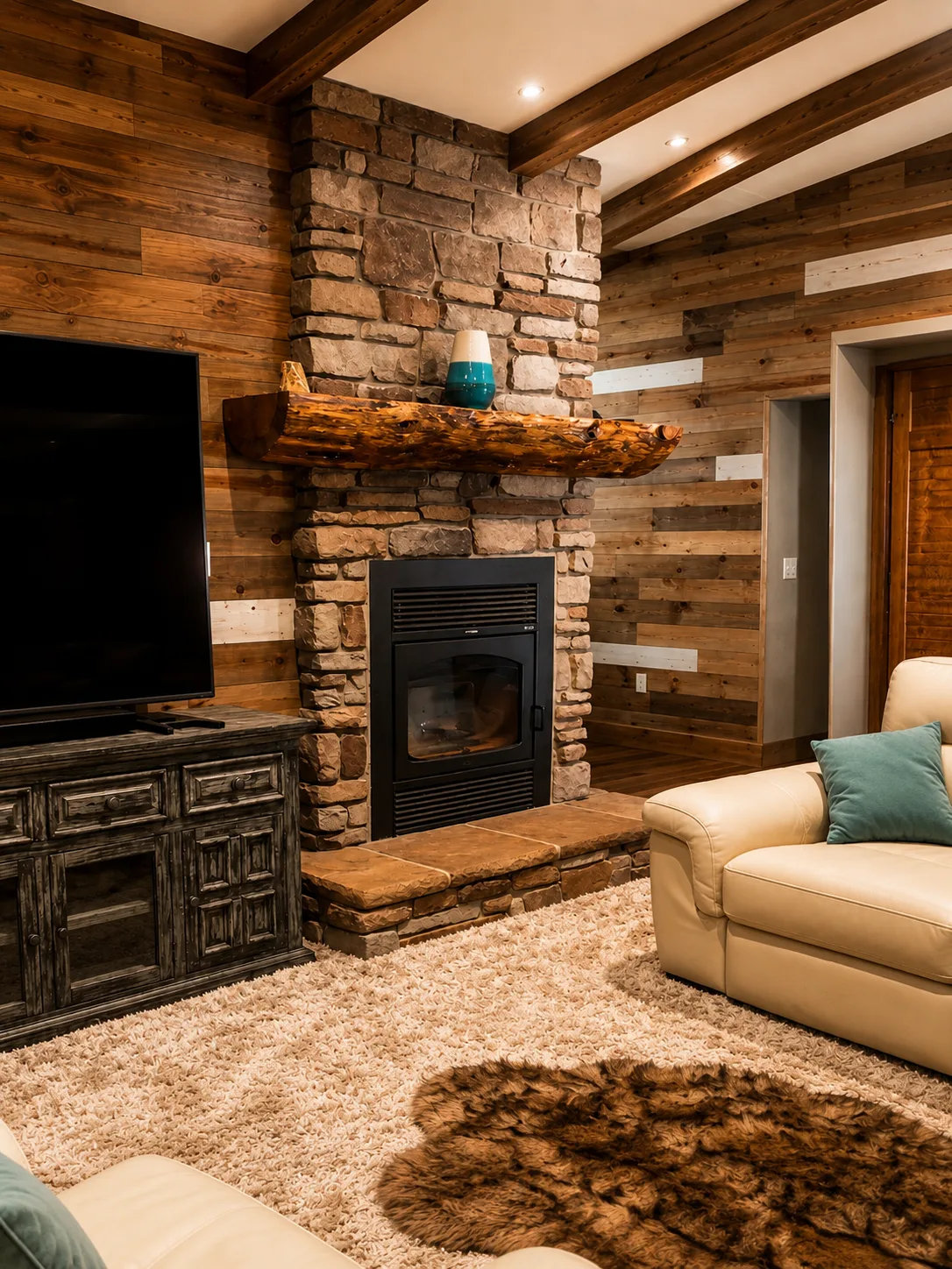 Stone fireplace and living room