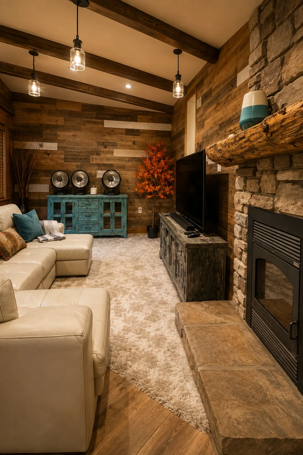 Living room fireplace and seating